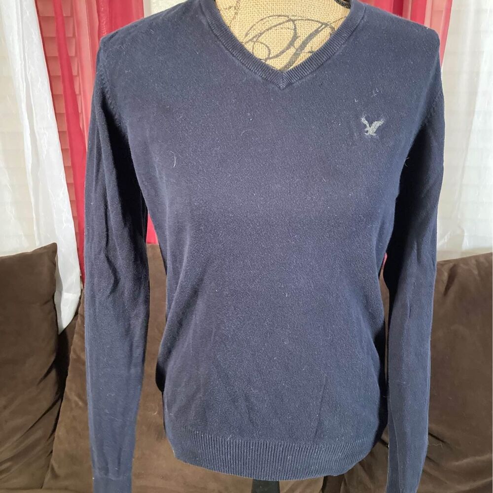 Mens American Eagle long sleeve vneck lightweight sweater navy blue small xs